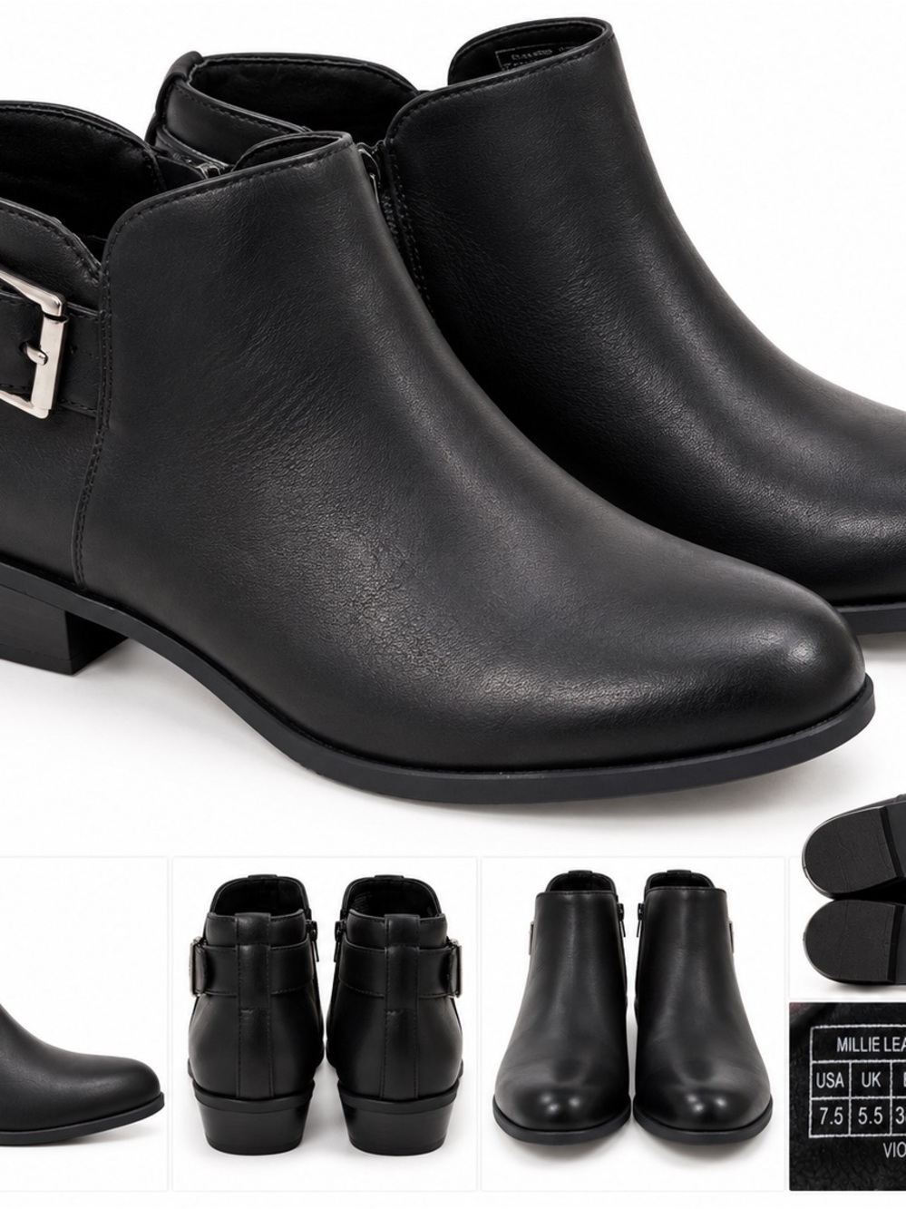 Vionic Millie Black Leather Ankle Boots Women’s 7.5 Buckle Side Zip Comfort